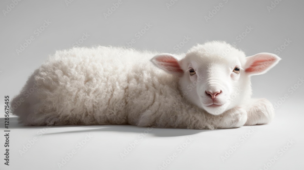 Fototapeta premium Fluffy white sheep on a clean white backdrop, showcasing intricate textures and features, ideal for various design projects