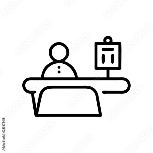 Person at reception desk with information sign