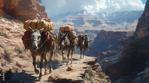 Mules carry supplies on their backs up the steep trails of the Grand Canyon in Arizona.