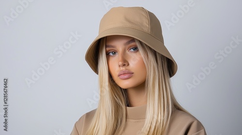 Fashionable young woman in beige bucket hat studio setting portrait photography neutral background contemporary style