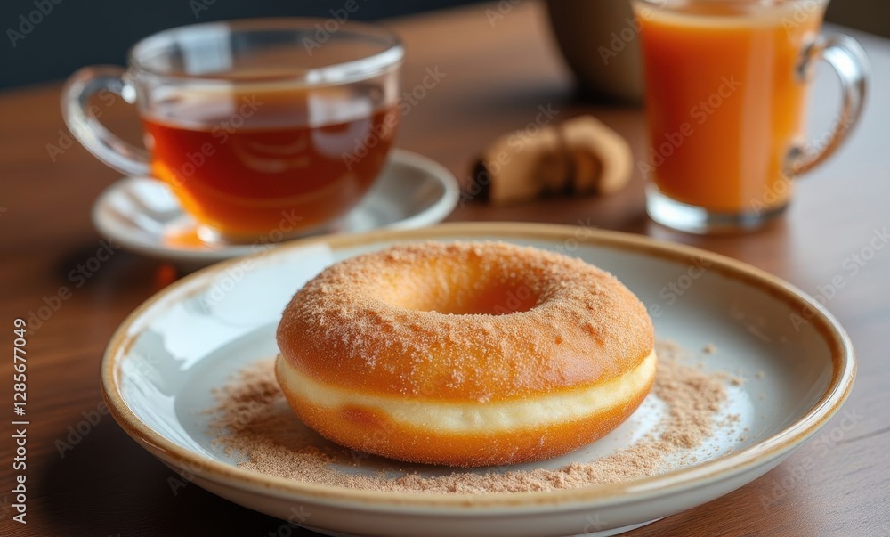 Delicious donut with tea and juice Delicious donut with tea and juice