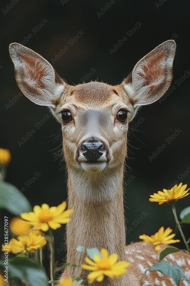 A deer standing in a field of yellow flowers A deer standing in a field of yellow flowers