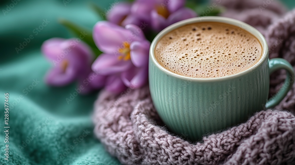 Springtime allure Foamy cappuccino, purple tulips, and a plush scarf on pastel green. Space for your message. Springtime allure Foamy cappuccino, purple tulips, and a plush scarf on pastel green. Space for your message.