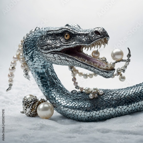 A glimmering sea serpent examining a pearl from its treasure trove against a pure white backdrop.