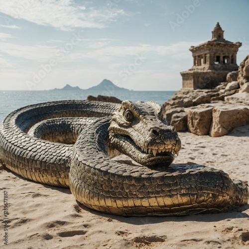 A wary sea serpent resting beside ancient relics and gold, illuminated beautifully on a blank white background.