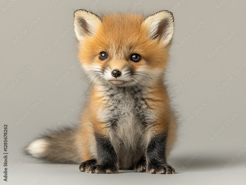 Obraz premium A small adorable red fox cub sits patiently and looks forward