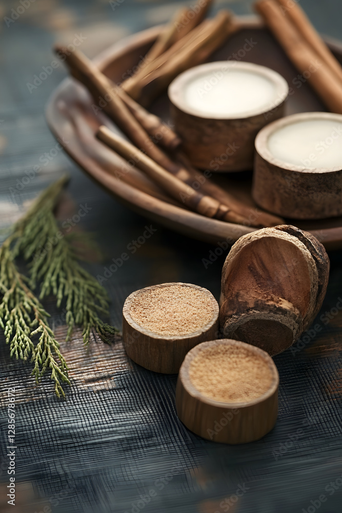 Rustic wellness still life with wooden bowl cinnamon sticks and organic herbal spices : Generative AI Rustic wellness still life with wooden bowl cinnamon sticks and organic herbal spices : Generative AI