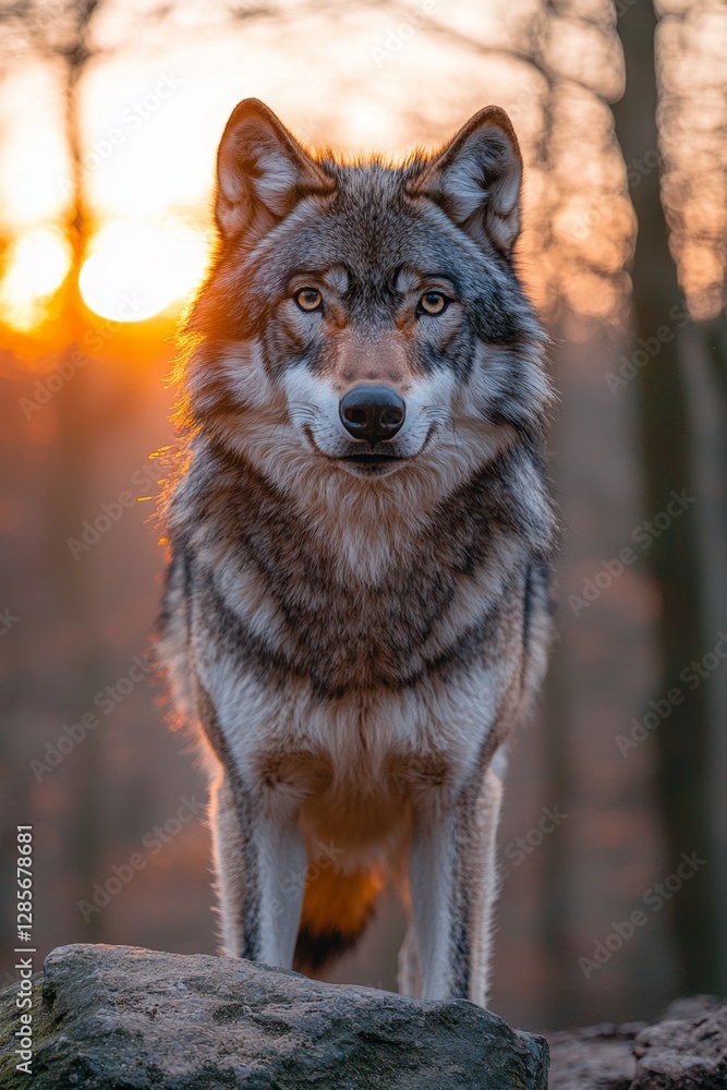 Obraz premium A wolf standing on top of a rock in the woods