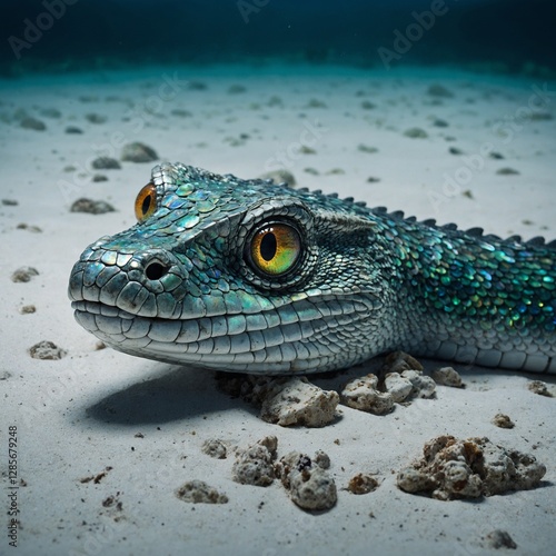 A sea serpent with iridescent scales and glowing eyes curled protectively around sunken treasure on a pure white background.