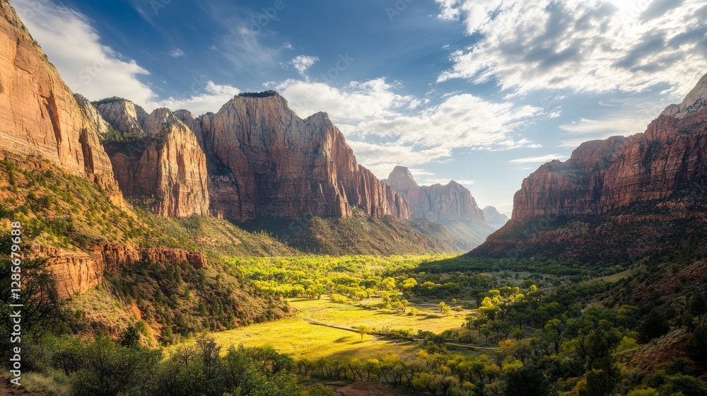 Zion National Park in Utah stands out with its breathtaking scenery. Majestic cliffs tower over a lush, green valley, creating a stunning natural masterpiece. Zion National Park in Utah stands out with its breathtaking scenery. Majestic cliffs tower over a lush, green valley, creating a stunning natural masterpiece.