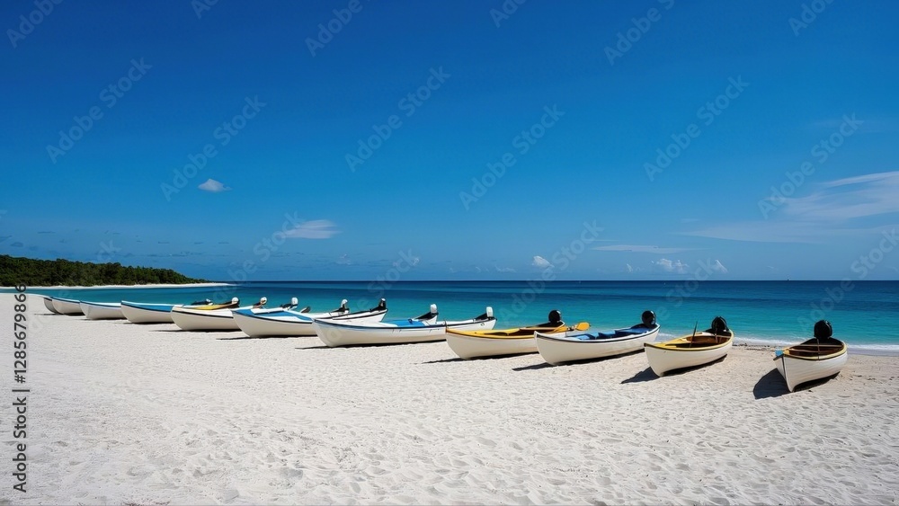 White sands beach and deep blue sky with boat foreground AI generated White sands beach and deep blue sky with boat foreground AI generated
