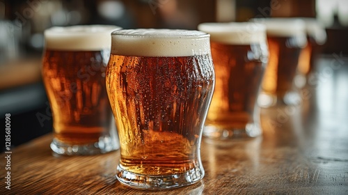 Bar, beer glasses, wooden counter, blurry pub