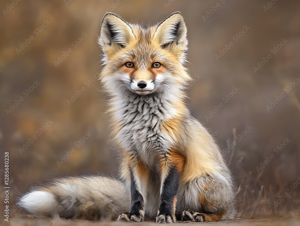 Fototapeta premium Adorable young fox sitting on a patch of ground