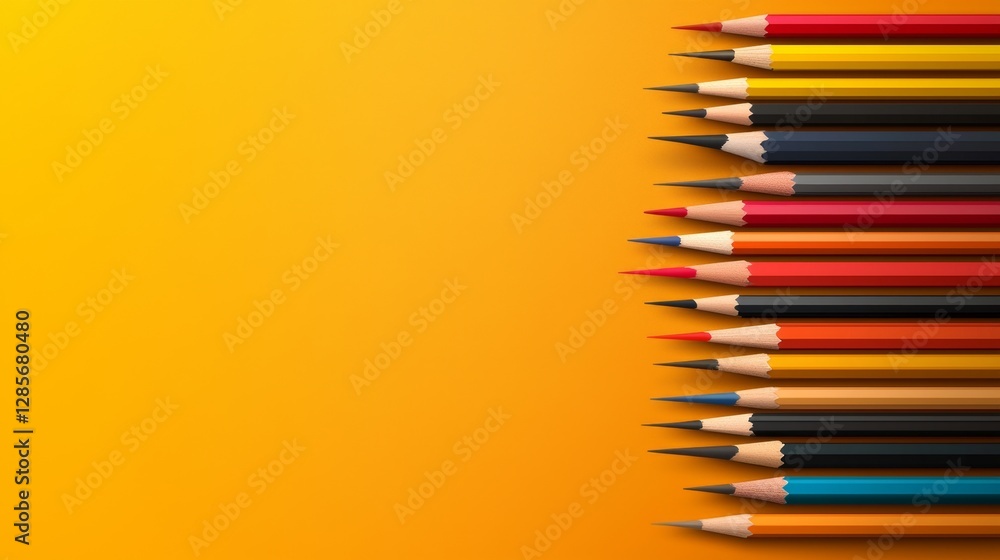 A group of colored pencils on a yellow background
