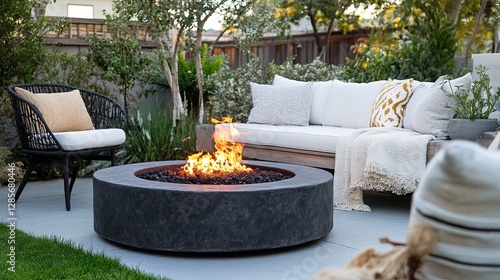 A clean outdoor seating area styled with a glowing firepit. background