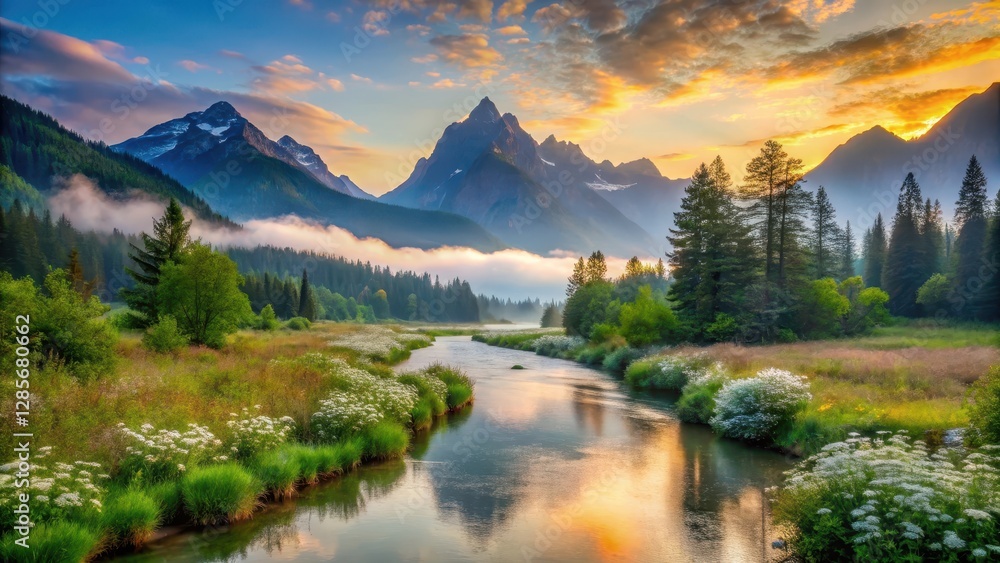 Fototapeta premium Serene Sunrise Over Majestic Mountains and a Tranquil River Valley