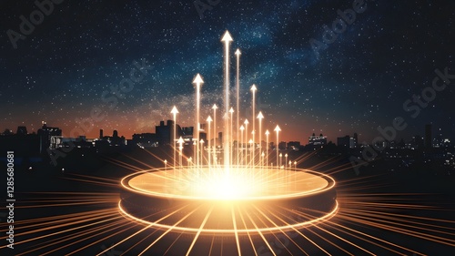 Radiant startup launch platform: A glowing platform with light beams shooting upward, symbolizing a company’s ambitious beginnings.