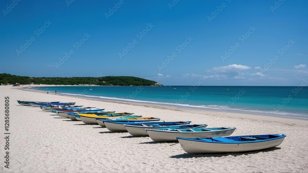 White sands beach and deep blue sky with boat foreground AI generated White sands beach and deep blue sky with boat foreground AI generated