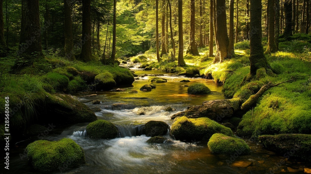 Obraz premium Sunlight streams through a forest creek