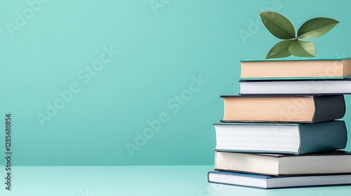 A stack of books with a plant growing out of them