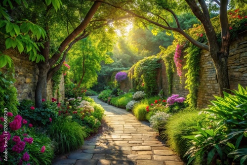 Serene Garden Path Sunlit Stone Walkway Winding Through Lush Greenery and Vibrant Blooms
