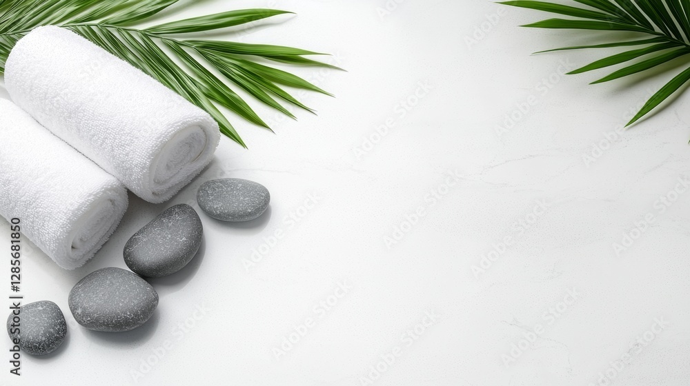 A white towel and some rocks on a white surface