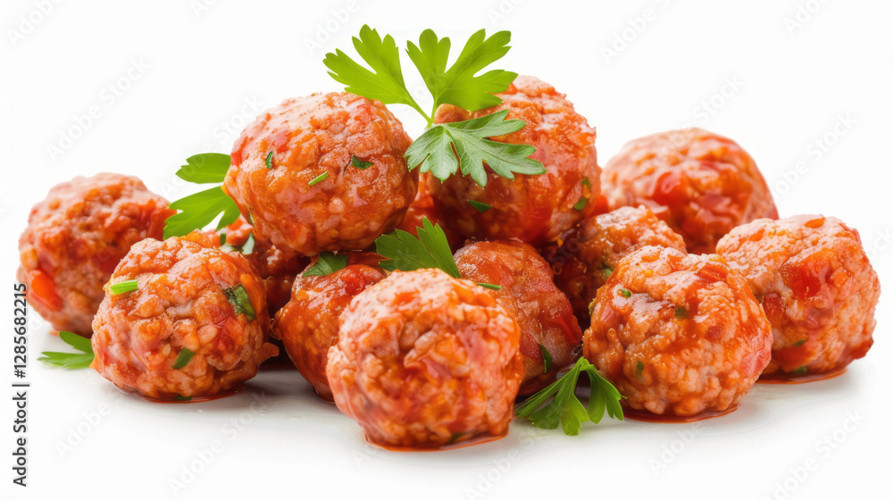 A pile of meatballs gathered together, isolated on a white background. A pile of meatballs gathered together, isolated on a white background.