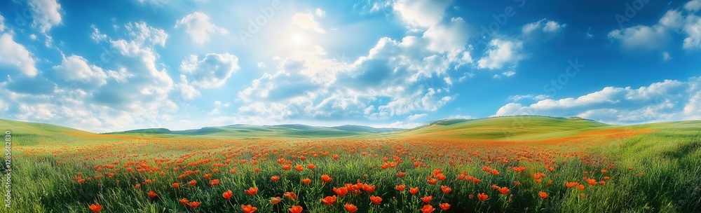 A panoramic view of green grass and vibrant orange flowers in a field, with a blue sky dotted with white clouds and sun rays shining through. A panoramic view of green grass and vibrant orange flowers in a field, with a blue sky dotted with white clouds and sun rays shining through.