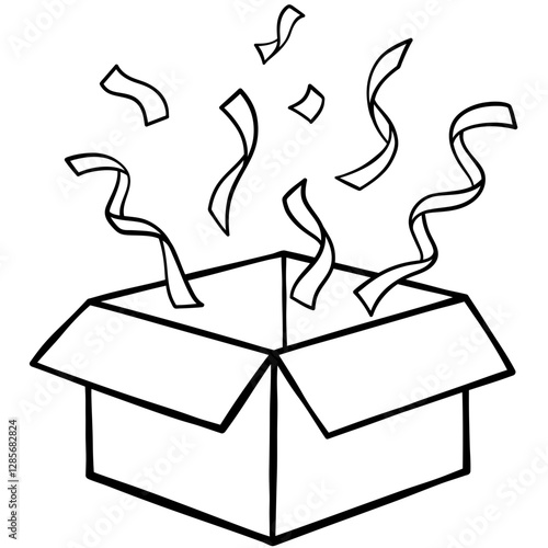 gift box or package open and shoot confetti or ribbon hovering outline style