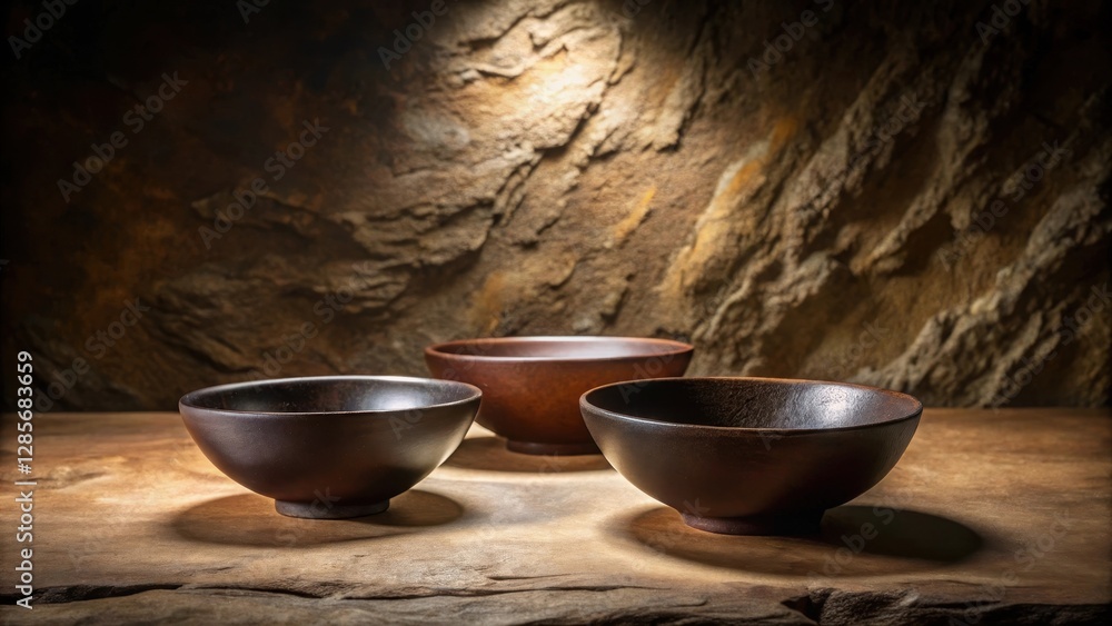 Three Dark Brown Wooden Bowls on Rustic Wooden Table Against a Textured Stone Wall Background Three Dark Brown Wooden Bowls on Rustic Wooden Table Against a Textured Stone Wall Background