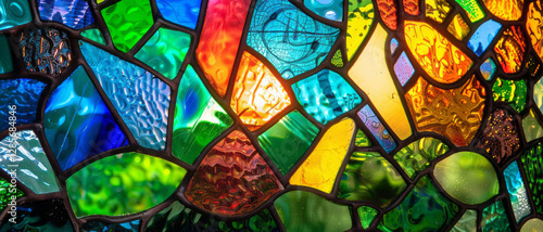 A close-up of a stained glass window with vibrant colors and intricate patterns, creating an abstract mosaic.