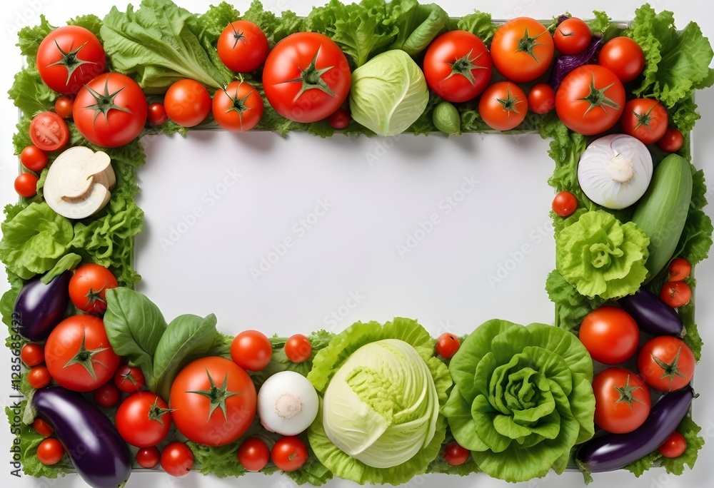 Fresh vegetables including tomatoes, lettuce, and eggplant arranged in a frame on a white background Fresh vegetables including tomatoes, lettuce, and eggplant arranged in a frame on a white background