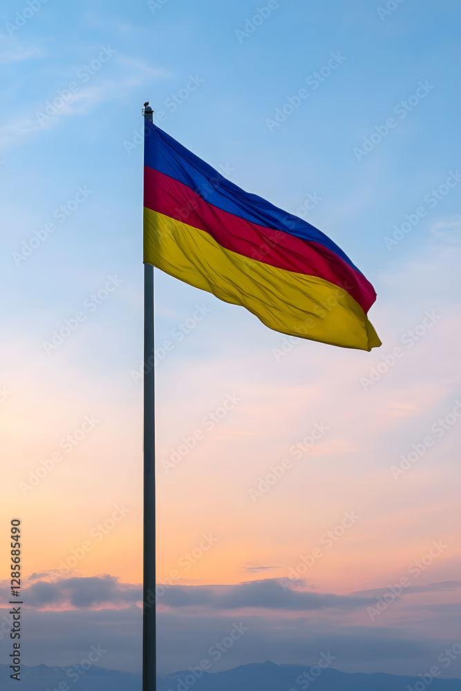 Vibrant National Flag against Tranquil Sunrise Sky : Generative AI Vibrant National Flag against Tranquil Sunrise Sky : Generative AI