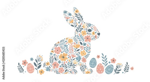 A flat vector illustration of an Easter bunny silhouette made from floral patterns and spring leaves, in pastel tones. The bunny is positioned in the center of the composition