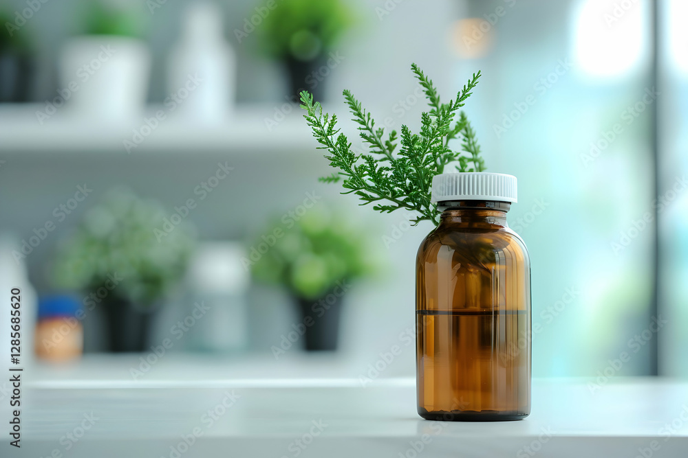 Brown glass bottle with a sprig of greenery placed on a table, surrounded by blurred plants in the background Brown glass bottle with a sprig of greenery placed on a table, surrounded by blurred plants in the background