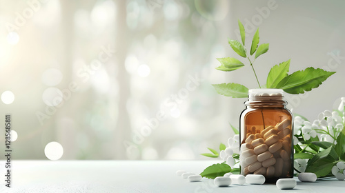 Glass bottle filled with pills surrounded by leaves and white flowers on a bright background