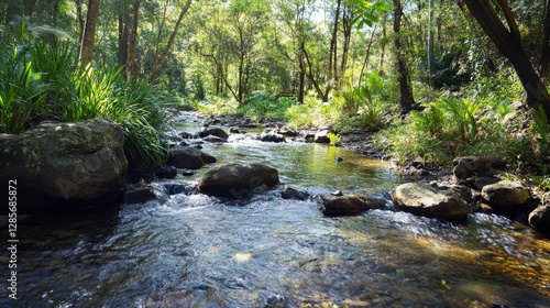 Tranquil Forest Creek; Sunlight Streams Through Lush Trees; Natural Beauty; Scenic; Relaxing; Background