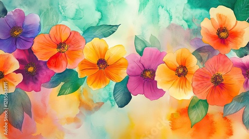 Wallpaper Mural Bright, colorful floral border design with watercolor effects, perfect for spring events, floral packaging, or vibrant greeting cards. -- Torontodigital.ca