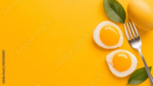 A fork and two halves of an egg on a yellow background