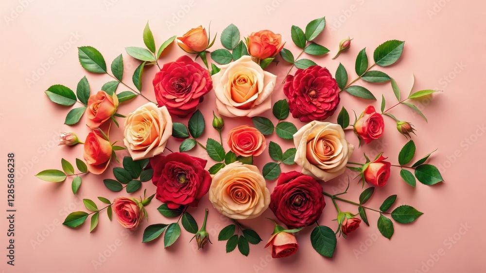 A vibrant arrangement of various rose blossoms and lush green leaves, artfully composed on a delicate pink backdrop A vibrant arrangement of various rose blossoms and lush green leaves, artfully composed on a delicate pink backdrop
