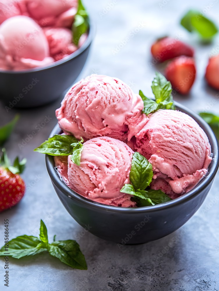 Refreshing Strawberry Ice Cream Scoops with Mint Leaves for a Summery Dessert : Generative AI Refreshing Strawberry Ice Cream Scoops with Mint Leaves for a Summery Dessert : Generative AI
