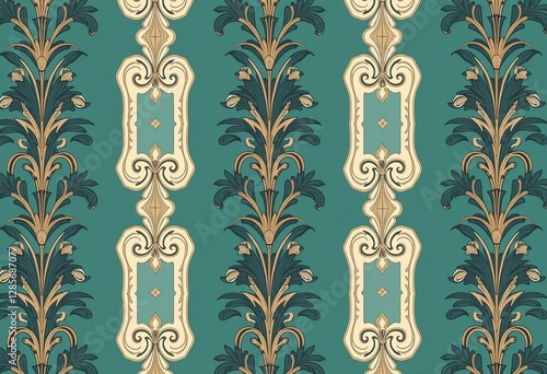 アメリカンヴィンテージの縦型パターン。厚みのあるグアッシュスタイルで、ソフトアクアと深みのあるグリーン、クリームのアクセント、ライトチャコールのディテールが、濃いティール色の背景を彩ります。