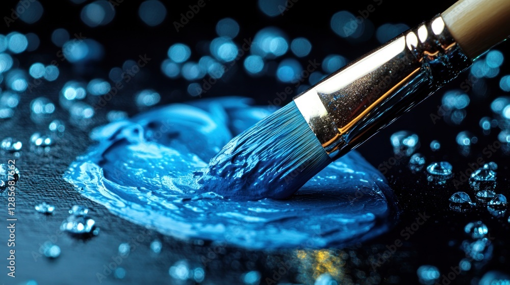 Fototapeta premium Blue paintbrush stroke on dark surface with water droplets