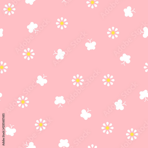 Butterfly and flower seamless pattern on pink background. Hand-drawn cartoon butterflies and flora vector simple for a girl, print, paper, textiles, card.
