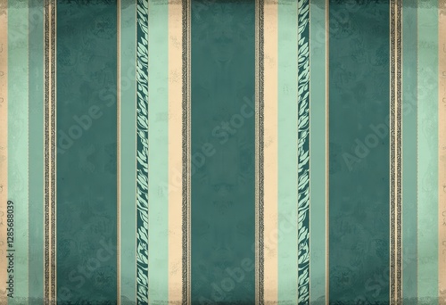 アメリカンヴィンテージの縦型パターン。ソフトアクアと深みのあるグリーン、クリームのアクセント、ライトチャコールのディテールが、濃いティール色の背景に映える、グアッシュスタイル。

