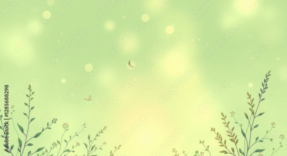 Whimsical garden scene in pastel green tones with botanical silhouettes and ethereal bokeh elements. Whimsical garden scene in pastel green tones with botanical silhouettes and ethereal bokeh elements.