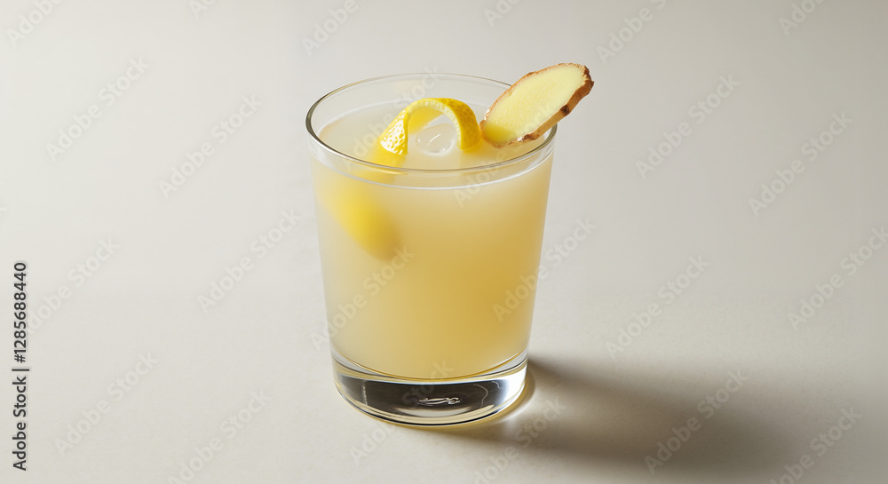 Zesty Ginger Lemon Mocktail, Refreshing and Healthy, Garnished with Lemon and Ginger, Against a White Background with Copy Space Zesty Ginger Lemon Mocktail, Refreshing and Healthy, Garnished with Lemon and Ginger, Against a White Background with Copy Space