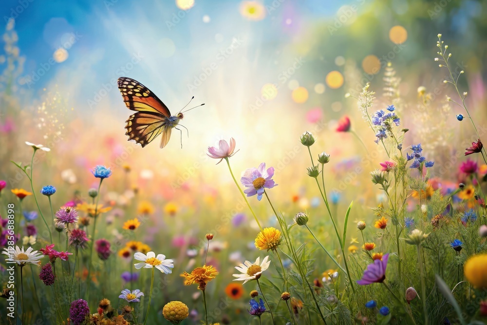 A vibrant butterfly gracefully floats above a sunlit meadow teeming with wildflowers, creating a breathtaking scene of natural beauty. A vibrant butterfly gracefully floats above a sunlit meadow teeming with wildflowers, creating a breathtaking scene of natural beauty.
