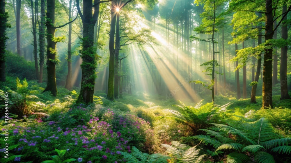 Fototapeta premium Sunbeams Illuminate a Mystical Forest Floor with Lush Greenery and Delicate Purple Blossoms