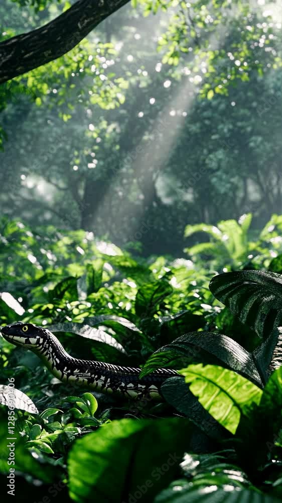 Snake moves through dense foliage in a vibrant rainforest illuminated by sunlight Snake moves through dense foliage in a vibrant rainforest illuminated by sunlight